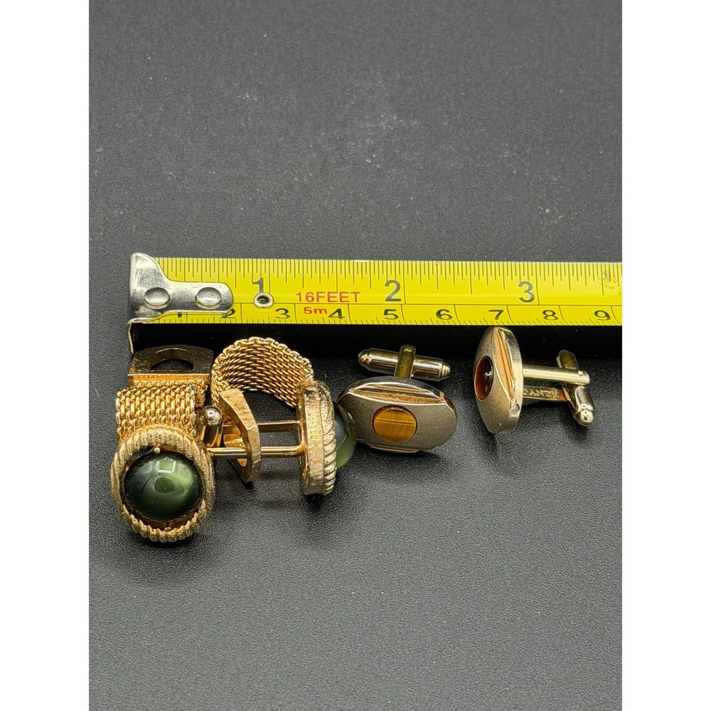 Vintage Gold Tone Cufflinks Lot – Tiger's Eye & Green Cabochon Mid Century Style - Picture 4 of 4